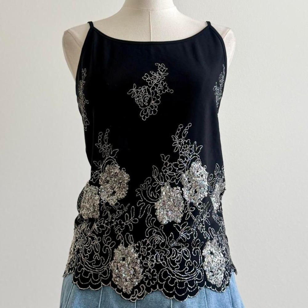 Y2K Sequin Black Sparkly Floral Tank Silver Romantic Alt Grunge